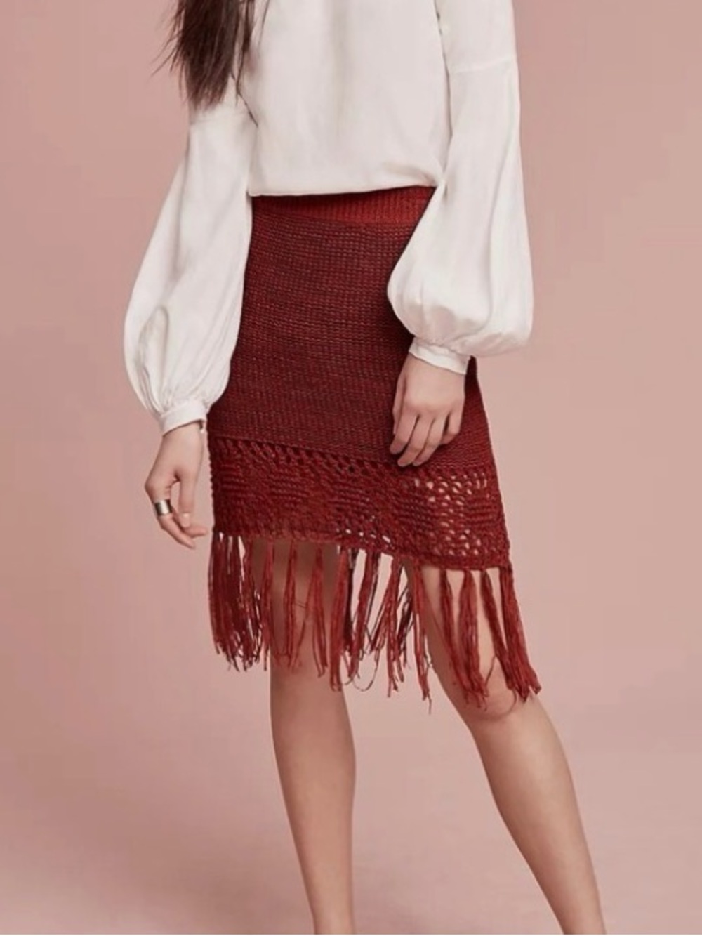 Anthropologie Moon River Fringed Crochet Knit Pencil Skirt ‼️COLOR - oatmeal‼️